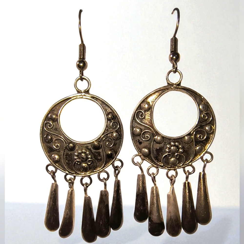 Vintage Sterling Silver Embossed Drop Dangle Boho Earrings